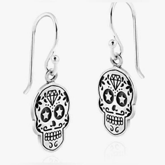 925 Sterling Silver Halloween Sugar Skull Earrings Day of the Dead Dangle NEW - Picture 4 of 9